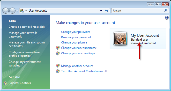 Your user account type is listed beside your user account picture