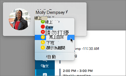 Skype 視窗中的肖像螢幕擷取畫面，且顯示狀態對話方塊已選取。