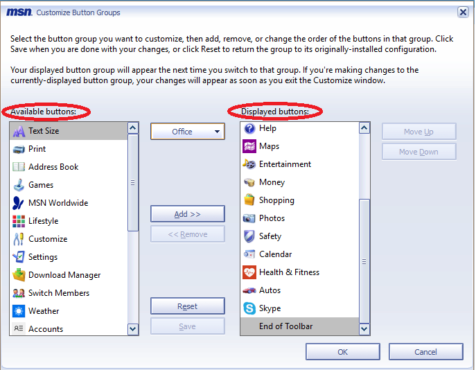 MSN Explorer: Customize button groups