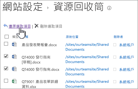 已醒目提示 [還原] 按鈕的 SharePoint 2013 第二層資源回收筒