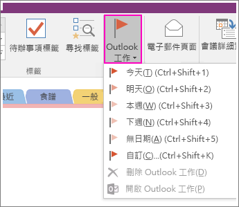 螢幕擷取畫面顯示 OneNote 2016 中的 [Outlook 工作] 按鈕。