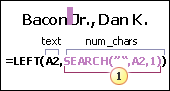 用於擷取「範例 8：Bacon Jr., Dan K.」之姓氏的公式