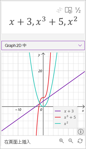 由數學小幫手所產生的三個方程式、x 加 3 紫色、x 到第三加 5 紅色和 x 以綠色平方的圖形的螢幕擷取畫面。