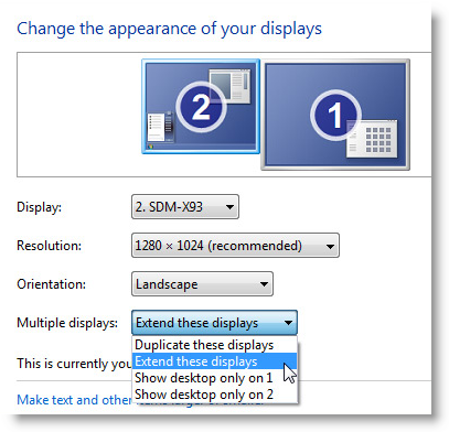 Click the Multiple displays drop-down list, and then select Extend these displays, or Duplicate these displays.