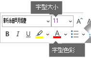 浮動格式工具列包含字型大小和字型色彩的選項。