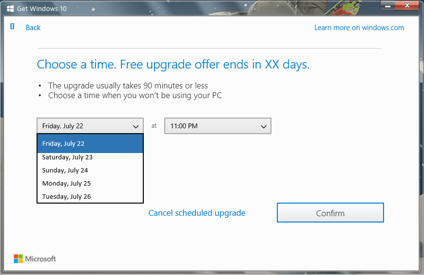 Choose a time to reschedule your upgrade and then select Confirm.
