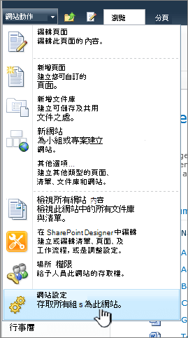 網站動作功能表上的網站設定