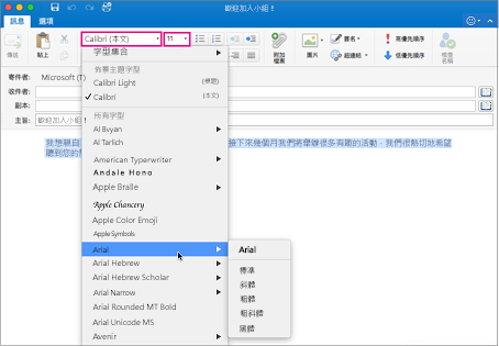 Mac 版 Outlook 中的字型和字型大小選擇器