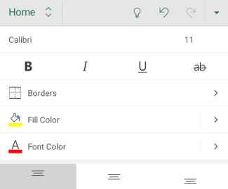 Android 版 Excel中的字型格式設定選項。