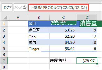 SUMPRODUCT 函數的範例，用來在提供單價和數量時，將售出的專案總和退回。