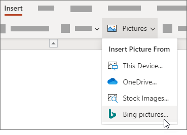 在功能區的 [插入] 索引標籤上，選取 [圖片]，然後在功能表上選擇您想要的圖片類型。