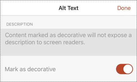 在 iOS 版 PowerPoint 的 [替代文字] 對話方塊中選取 [標示為裝飾] 選項。