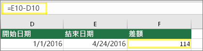 儲存格 D10 為 1/1/2016、儲存格 E10 為 4/24/2016、儲存格 F10 有公式：=E10-D10 且結果為 114