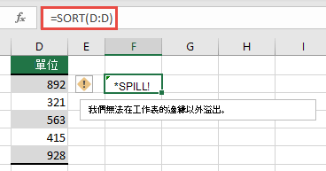 Excel 中的 #SPILL! 錯誤： = 排序儲存格 F2 中 (D:D) 將延伸至活頁簿邊緣以外。 將它移至儲存格 F1，即可正常運作。