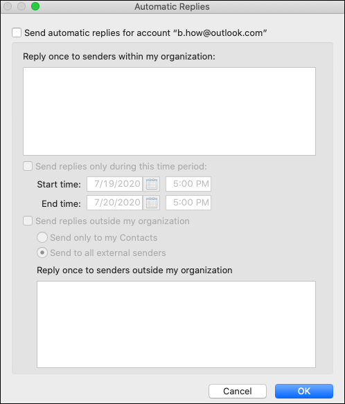 Mac 版 Outlook 中的 [自動回復] 功能表。