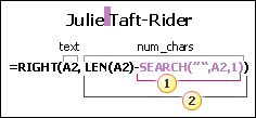 用於擷取「範例 11：Julie Taft-Rider」之完整姓氏的公式