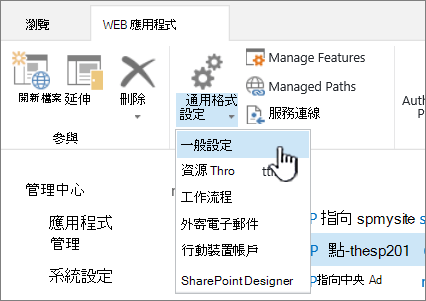 已選取 [一般設定] 的功能區管理區段