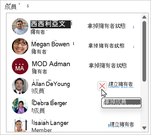 在 [成員] 方塊中，您可以移除擁有者狀態、將成員設為擁有者，或刪除成員。
