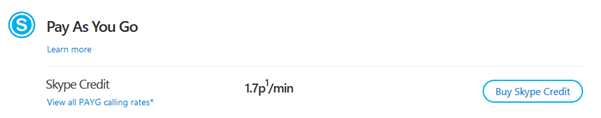 Skype 費率網頁上選取的 [檢視所有PAYG通話費率] 連結。