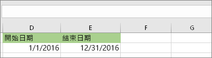 在儲存格 D53 的開始日期是 1/1/2016，在儲存格 E53 的結束日期是 12/31/2016