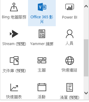 SharePoint 中 [Office 365 影片] 功能表按鈕的螢幕擷取畫面。