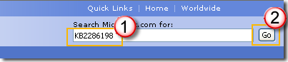 選取 [下載中心] 連結，在 [搜尋] 方塊中輸入更新編號 (例如 2286198) ，然後按一下搜尋圖示或按鍵盤上的 Enter 鍵。