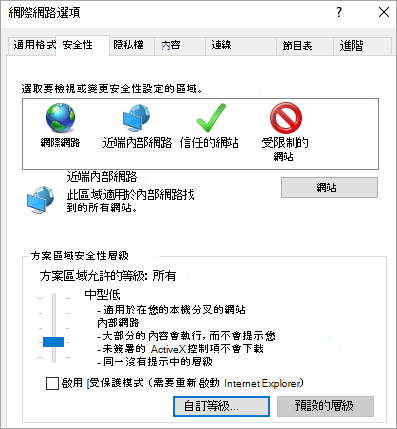 Internet Explorer 選項的 [安全性] 索引標籤，顯示 [自訂層級] 按鈕