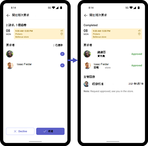 螢幕快照顯示如何在行動裝置上核准開啟班次要求。