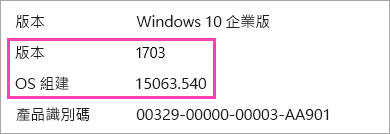 顯示的 Windows 版本和建立數字的螢幕擷取畫面