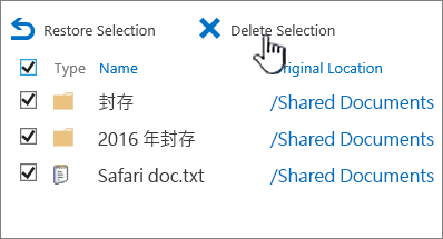 SharePoint 2016 第二層回收站，已選取所有專案並醒目提示刪除