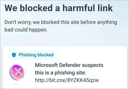 Microsoft Defender 已封鎖Android裝置上有害的連結。